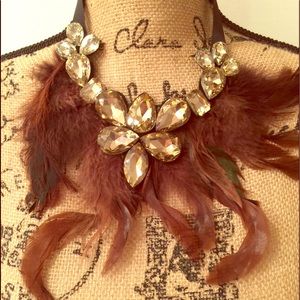 Brown Rhinestone & Feather Tie Back Necklace